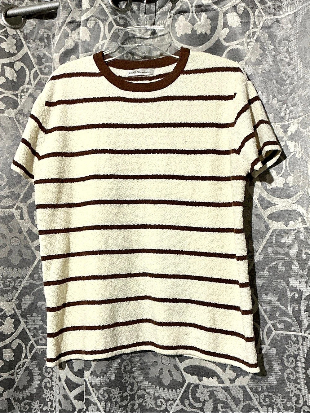 Zenana Striped Terry Cloth Short Sleeve Top Cream & Brown Large